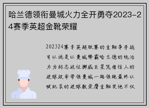 哈兰德领衔曼城火力全开勇夺2023-24赛季英超金靴荣耀 哈兰德领衔曼城火力全开勇夺2023-24赛季英超金靴荣耀
